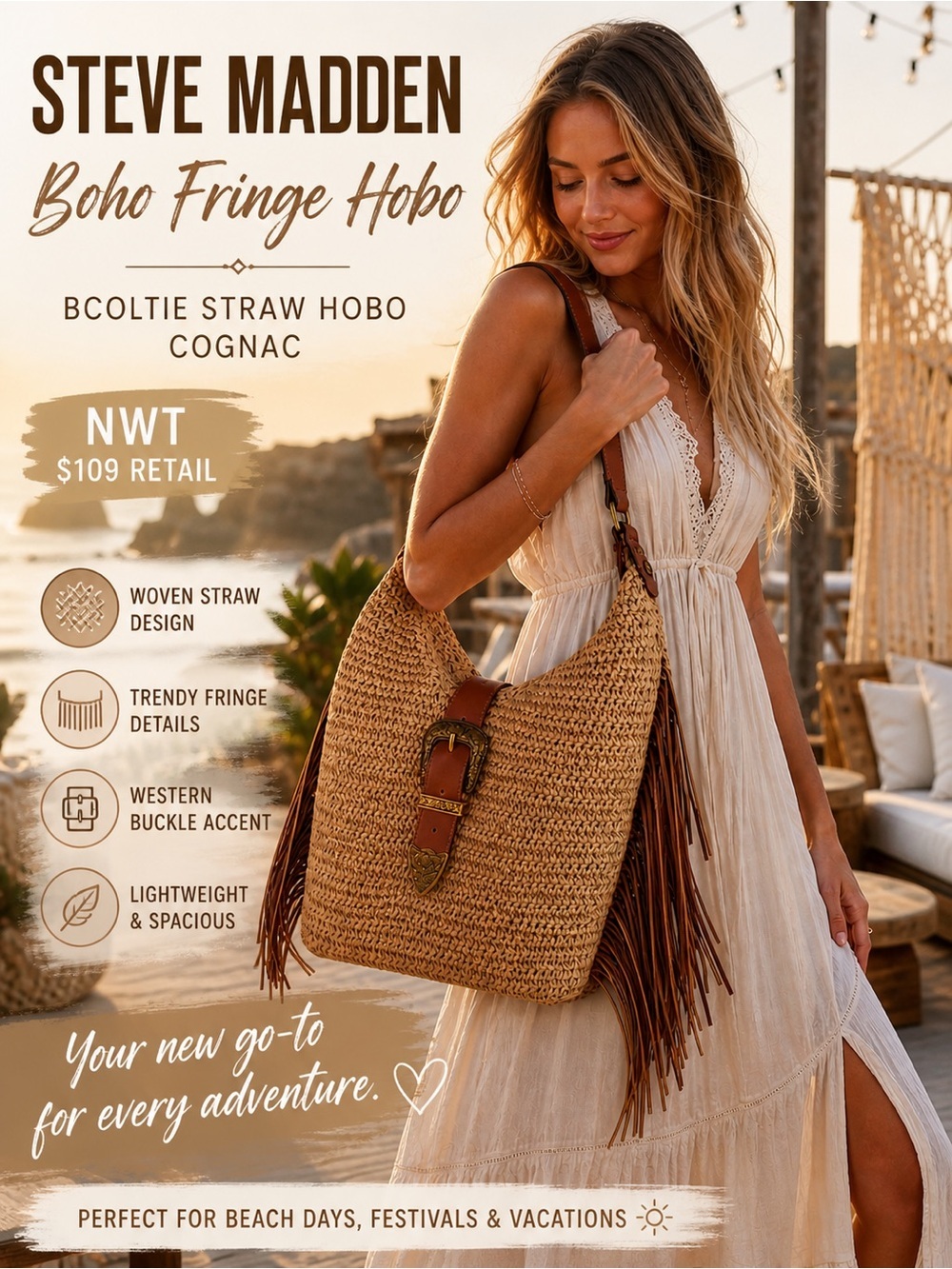 Brand new with tags Steve Madden BCOLTIE Straw Hobo Bag a beautiful cognac tone